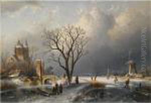 A Winter Landscape With Figures Near A Castle