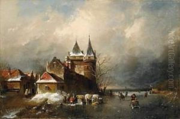 Winterly Scene With Ice Skaters - view 1