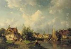 A Busy Riverside Village by Charles Henri Leickert