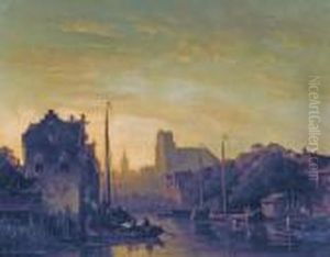 Boating At Dusk Near A Dutch Town by Charles Henri Leickert