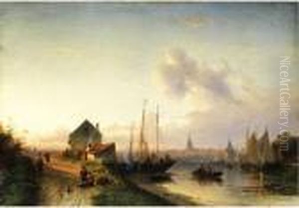 Hollandische Stadtlandschaft Mit
Blick Auf Einen Fluss Mit Segelschiffen Und Kahnen Sowie Hutten Am Ufer - view 1