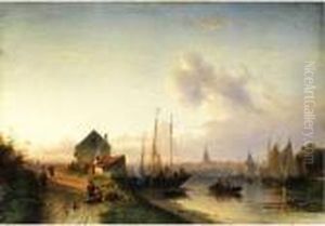 Hollandische Stadtlandschaft Mit
Blick Auf Einen Fluss Mit Segelschiffen Und Kahnen Sowie Hutten Am Ufer by Charles Henri Leickert