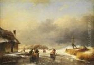 Winterlandschaft Mit Strohschlitten Und Pferden Auf Vereisterflache by Charles Henri Leickert