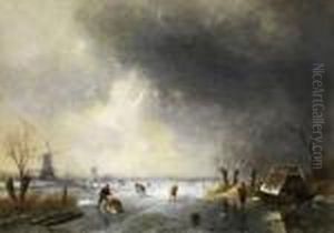Schlittschuhlaufer In Vereister Polderlandschaft
