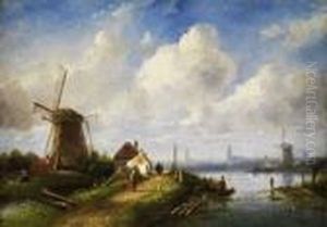 Sommerliche Flusslandschaft Mit Windmuhlen