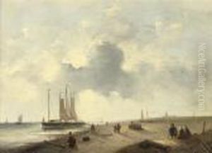 Moored Ships Off A Dutch Coast by Charles Henri Leickert