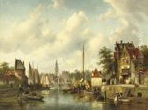 Activities On A Busy Canal In A Sunlit Dutch Town