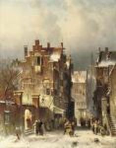 A Busy Day In A Snow-covered Town