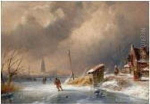 Skaters On A Cold Winter Day by Charles Henri Leickert