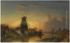 A River Landscape With A Windmill At Dusk by Charles Henri Leickert