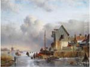A Winter Landscape With Skaters Near A Quay by Charles Henri Leickert