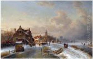 Ice Skaters And A 'koek And Zopie' Near A Wintry Dutch Town by Charles Henri Leickert