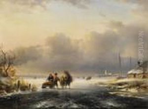 Winterliche Fluslandschaft Mit Schlittschuhlaufern Im Hintergrundstadtansicht. by Charles Henri Leickert