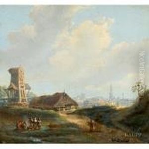Niederlandische Landschaft Mit Reetgedeckter Scheune Undmuhle by Charles Henri Leickert
