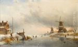 Winter Landscape With Figures On A River By Windmills by Charles Henri Leickert