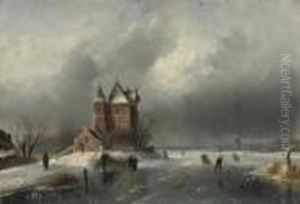 Skaters On A Frozen Waterway By A Mansion
