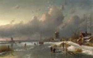 Ice-fishing On A Frozen River At Dawn by Charles Henri Leickert