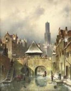 Townspeople On A Frozen Canal by Charles Henri Leickert
