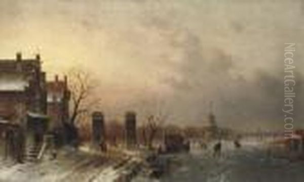 A Frozen Waterway With Skaters On The Ice By A Koek-en-zopie - view 1