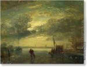 Winter Landscape With Skaters And Figures Near A 'koek-en-zopie'. by Charles Henri Leickert