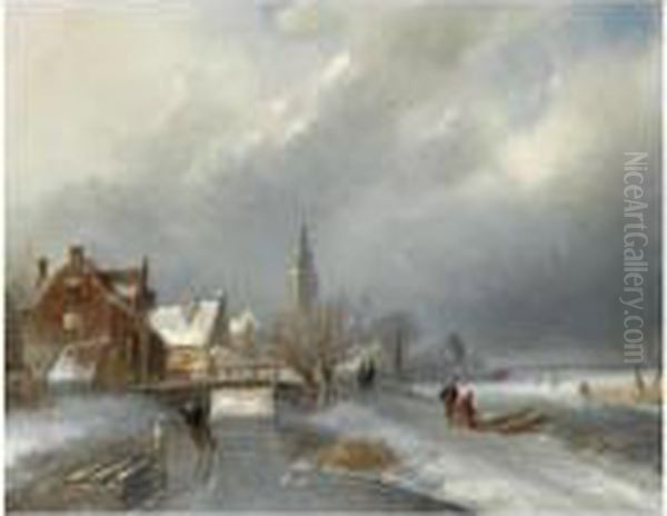 Figures In A Winter Landscape, A Village In The Background - view 1
