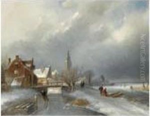 Figures In A Winter Landscape, A Village In The Background Figures In A Winter Landscape, A Village In The Background
