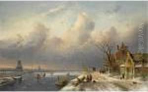 A Winter Landscape With Figures Near A Village by Charles Henri Leickert
