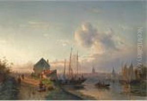 A View Of A Dutch Harbour At Dawn by Charles Henri Leickert