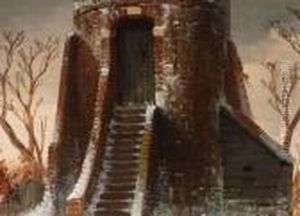 Eisvergnugen Auf Zugefrorenem Fluss Mit Altem Rundturm Eisvergnugen Auf Zugefrorenem Fluss Mit Altem Rundturm