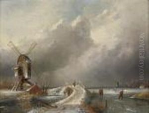 Skaters By A Windmill by Charles Henri Leickert