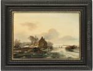 Figures On A Frozen Dutch Waterway by Charles Henri Leickert