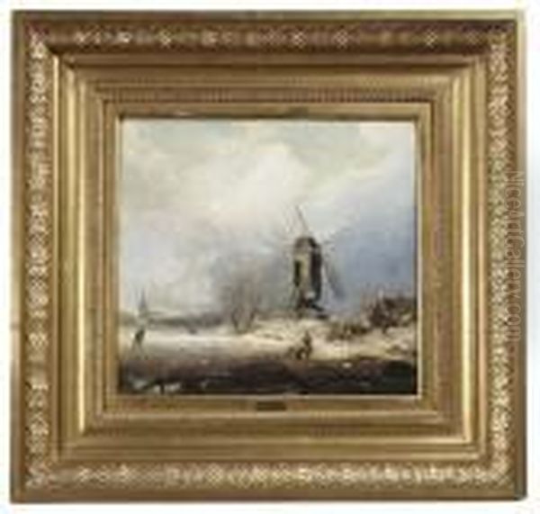 A Windmill And Skaters On A Frozen River In Wintry Landscape. Oil/panel, Inscribed. Rest - view 1