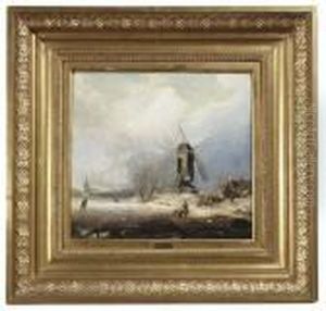 A Windmill And Skaters On A Frozen River In Wintry Landscape. Oil/panel, Inscribed. Rest by Charles Henri Leickert