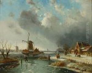 Schaatsers In Een Sneeuwlandschap. by Charles Henri Leickert