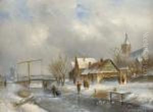 A Snow Covered Landscape With Figures Skating On A Frozencanal