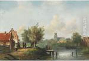 Busy Village On The River by Charles Henri Leickert