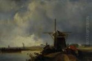 River Landscape With Windmill, Barge And Distant Town by Charles Henri Leickert