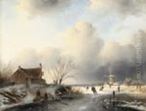 Skaters On A Frozen Waterway by Charles Henri Leickert