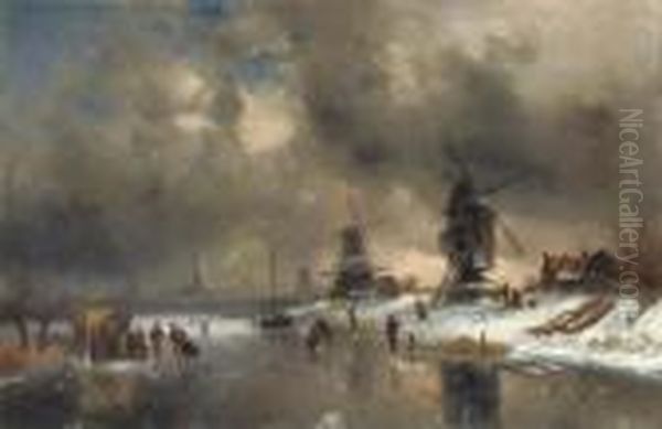 Windmills Along A Frozen Waterway With A 'koek En Zopie' - view 1