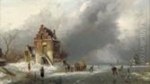 Skaters On A Frozen Dutch Waterway by Charles Henri Leickert