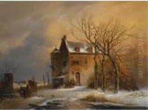 Figures Near A House In A Winter Landscape by Charles Henri Leickert