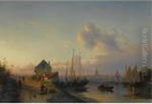 A Riverfront Town At Dusk