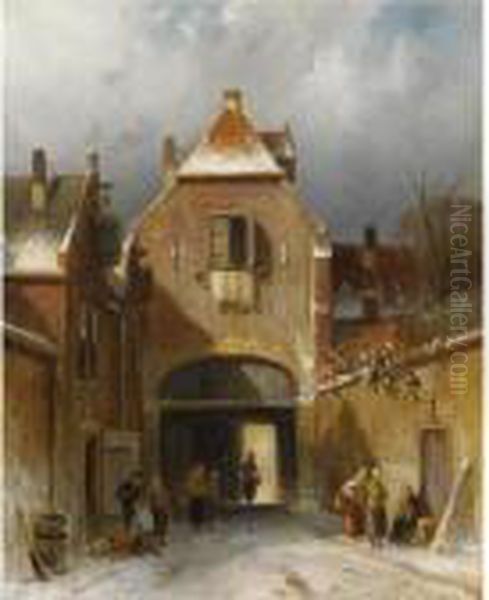 Figures In The Snow Covered Streets Of A Dutch Town - view 1