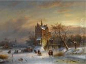Skaters Near A 'koek En Zopie' , A Castle In The Distance by Charles Henri Leickert