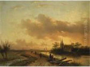 Figures On A Riverbank At Dusk by Charles Henri Leickert