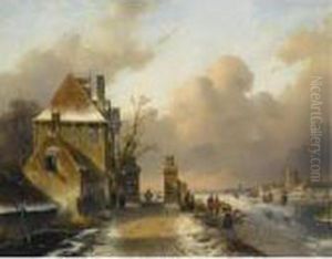 Figures On A Frozen Waterway by Charles Henri Leickert