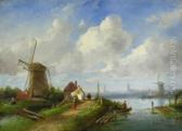 Hollandische Landschaft Mit Windmuhlen, Wasserlauf Und Einer Stadt In Der Ferne - view 1