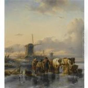 Figures And Horses On Frozen Water by Charles Henri Leickert