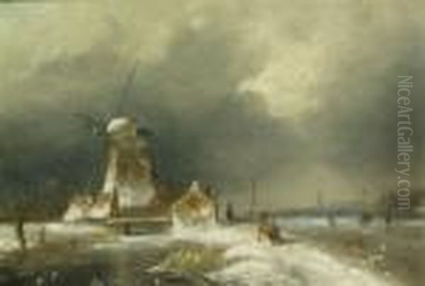 Frozen River Landscape With Windmill - view 1