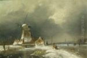 Frozen River Landscape With Windmill by Charles Henri Leickert